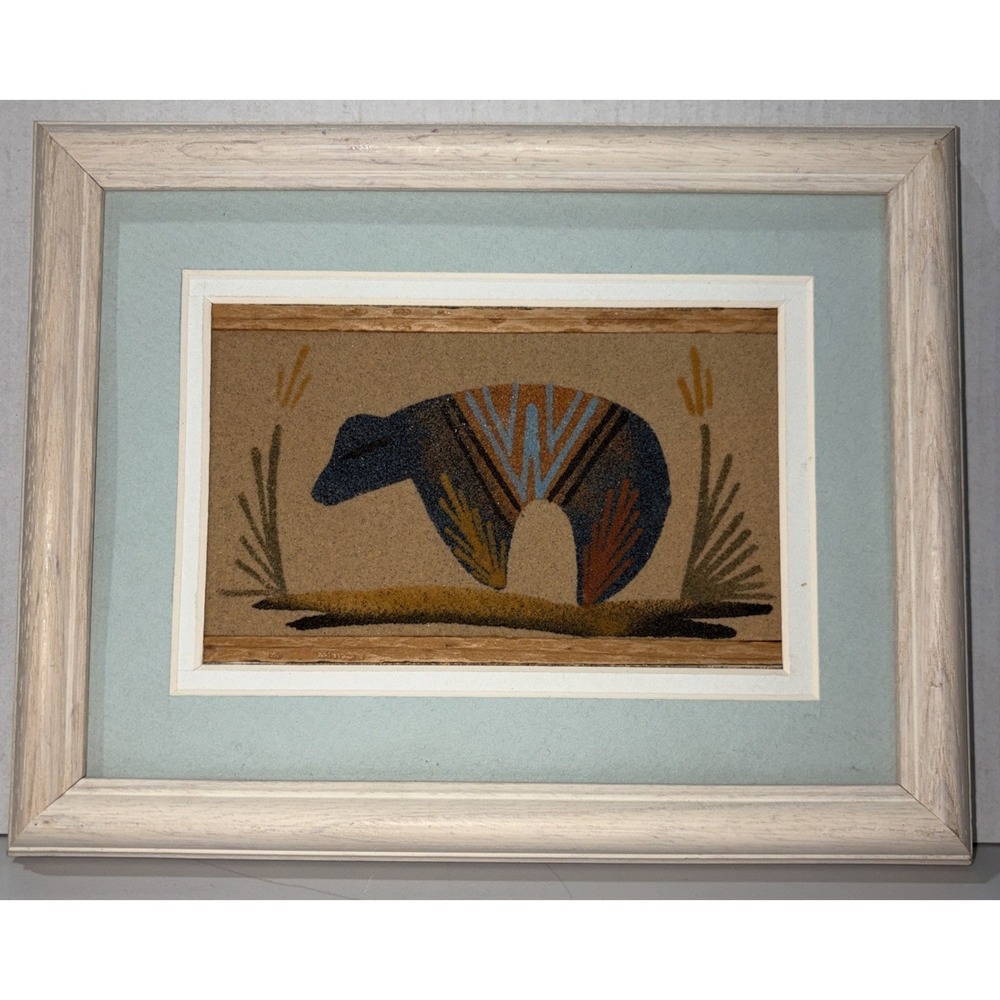 Navajo Sand Painting By E Yazzie/ Spirit Bear-9"x7"/Matte&Framed / Southwest Art